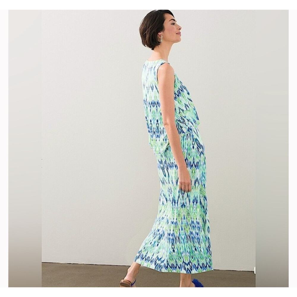 Chico's 8 Ikat Popover Regatta Slit Blue Green Travel Cruise Maxi Dress Sz 3(XL) - Picture 2 of 9
